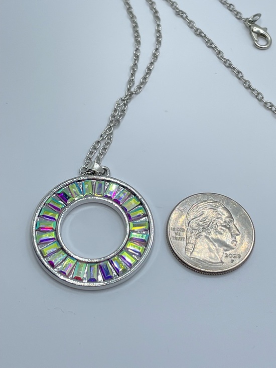 Silver Tone AB Crystal Circle Pendant Necklace Iridescent Baguette Halo - Picture 5 of 8